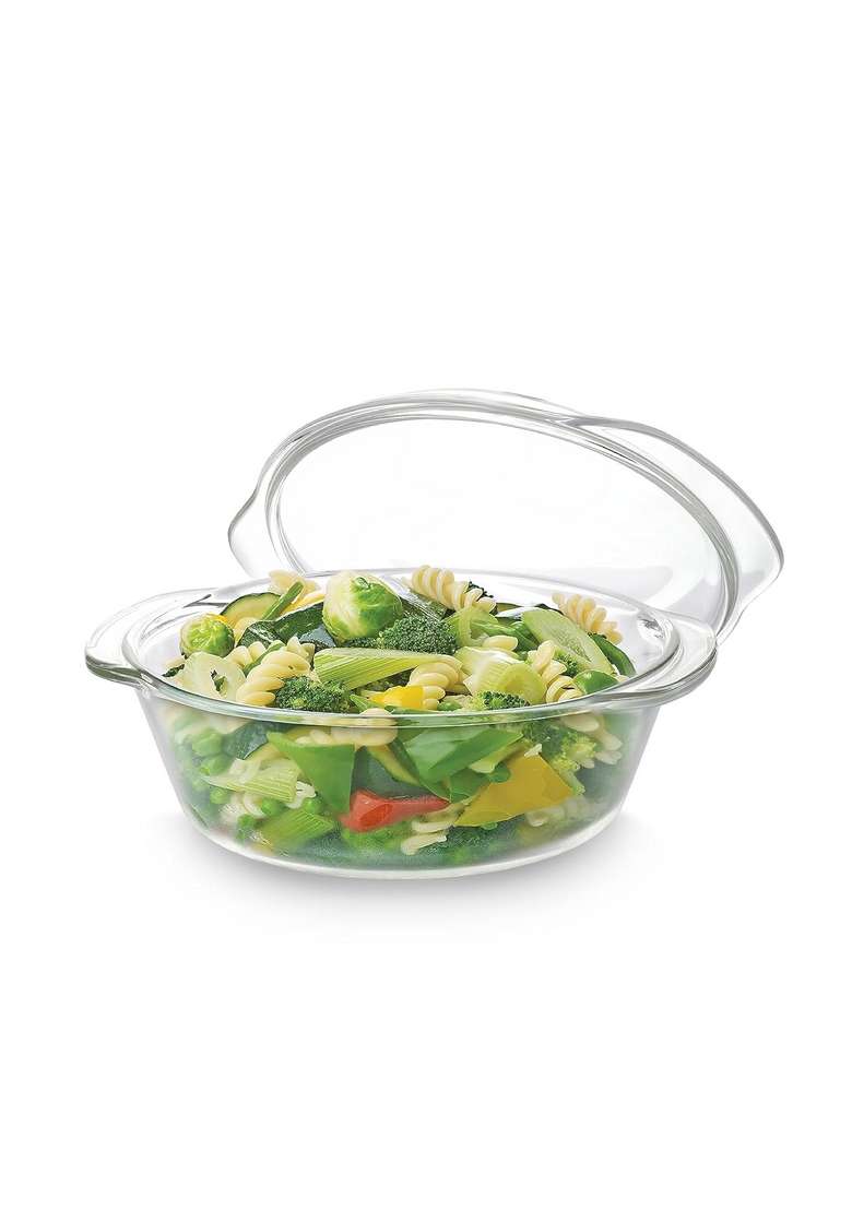 CELLO Angelica Round Casserole Serving Glass Bowl with Lid for Kitchen | 2000 ml | 67.6 fl oz | Dishwasher Safe | Lead Free | Microwave Safe - Indya
