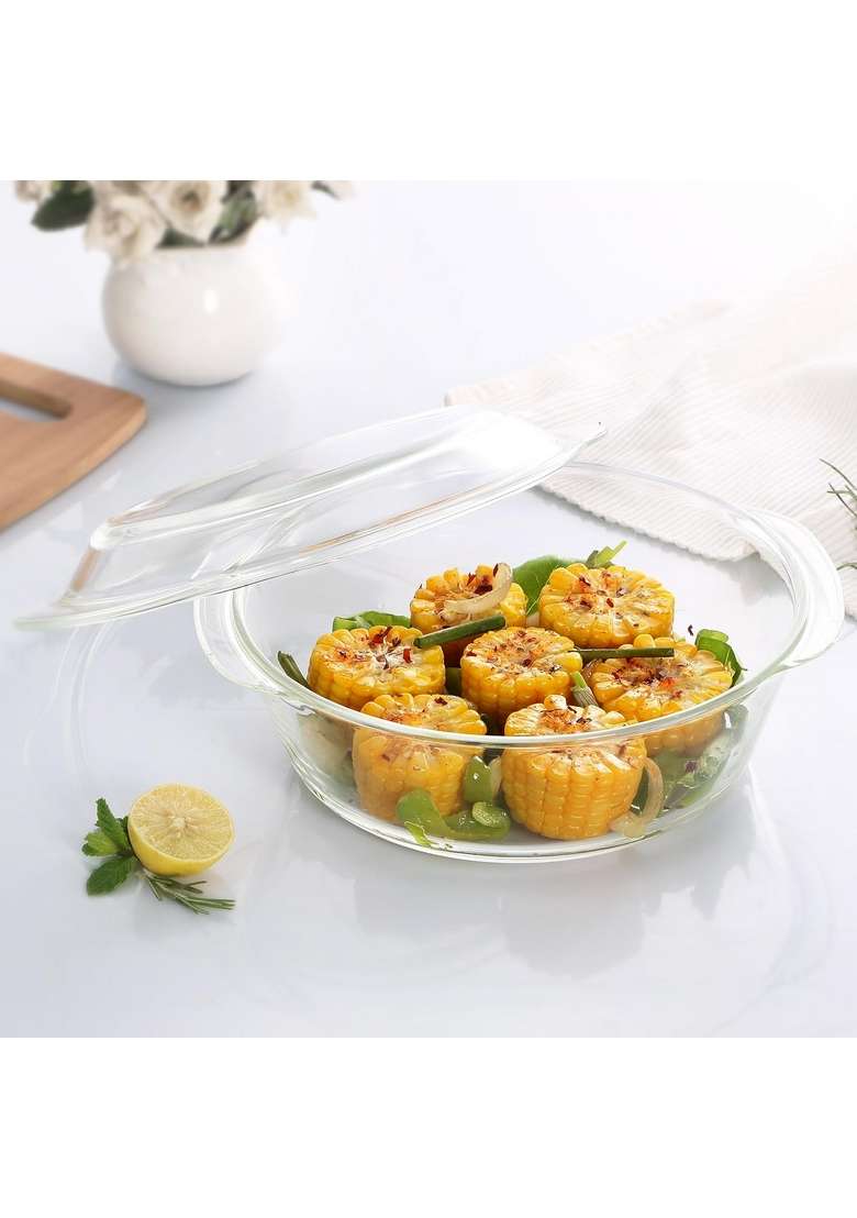 CELLO Angelica Round Casserole Serving Glass Bowl with Lid for Kitchen | 2000 ml | 67.6 fl oz | Dishwasher Safe | Lead Free | Microwave Safe - Indya