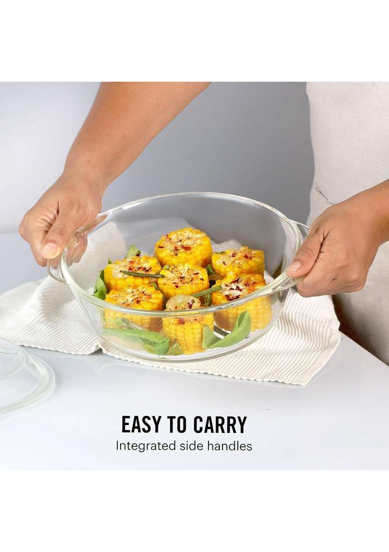 CELLO Angelica Round Casserole Serving Glass Bowl with Lid for Kitchen | 2000 ml | 67.6 fl oz | Dishwasher Safe | Lead Free | Microwave Safe - Indya