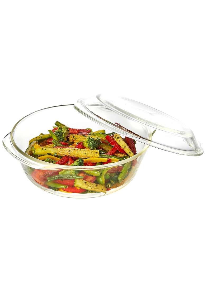 Solimo Amazon Brand Solimo Borosilicate Glass Casserole-Cum-Serving Bowl with Lid | 2 L | 2.1 Qt | Microwave Safe - Indya