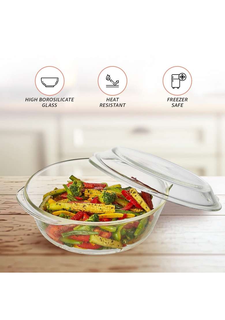 Solimo Amazon Brand Solimo Borosilicate Glass Casserole-Cum-Serving Bowl with Lid | 2 L | 2.1 Qt | Microwave Safe - Indya
