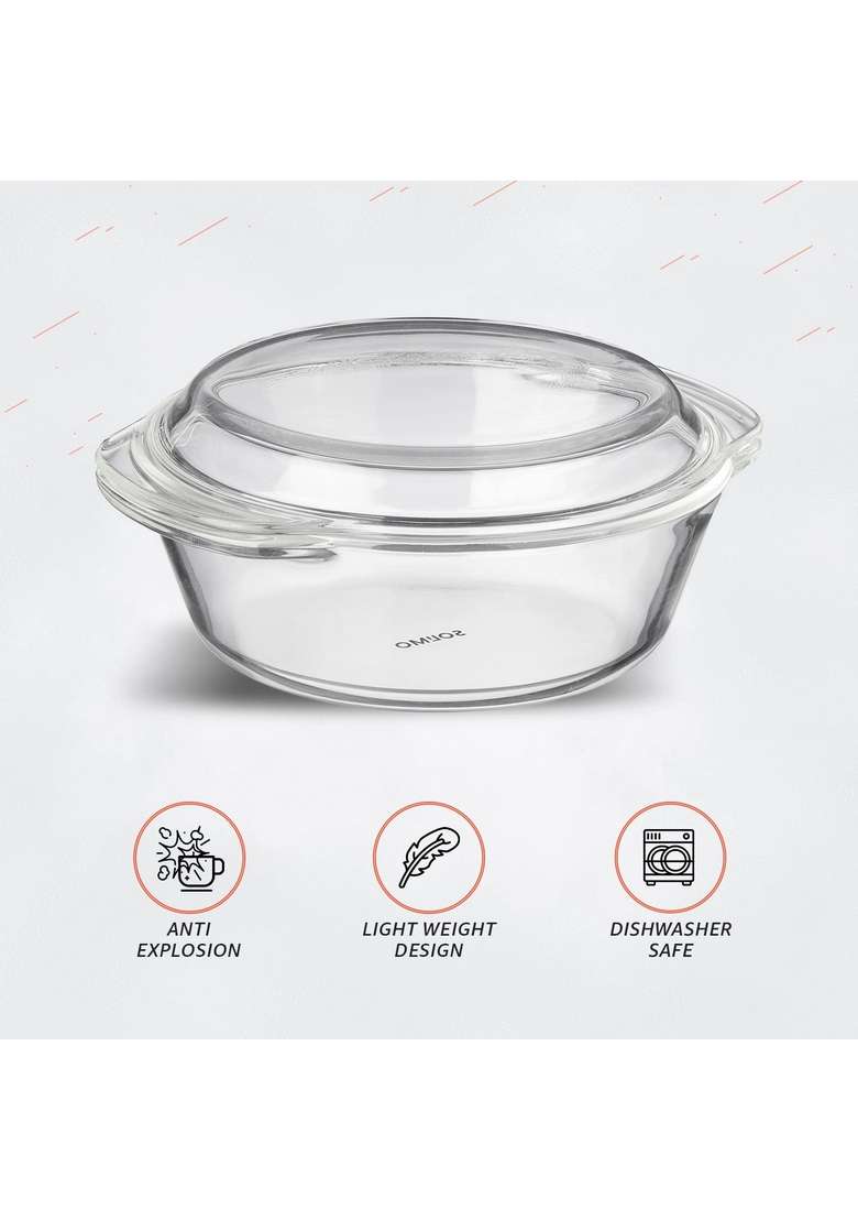 Solimo Amazon Brand Solimo Borosilicate Glass Casserole-Cum-Serving Bowl with Lid | 2 L | 2.1 Qt | Microwave Safe - Indya