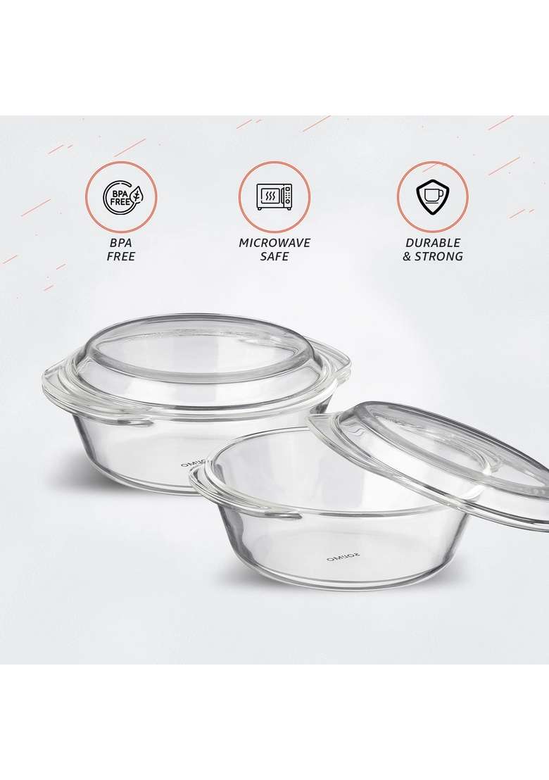 Solimo Amazon Brand Solimo Borosilicate Glass Casserole-Cum-Serving Bowl with Lid | 2 L | 2.1 Qt | Microwave Safe - Indya