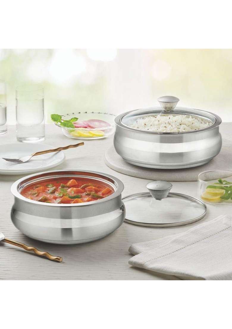Borosil Stainless Steel Insulated Solid Handi Cooking Pot | 2 L | 2.1 Qt | 2-Piece Set - Indya