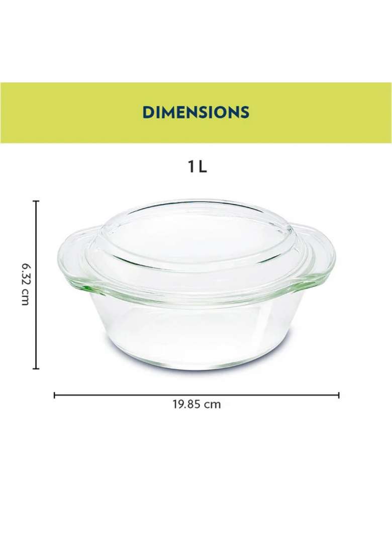 Borosil Glass Casserole Oven and Microwave Safe Serving Bowl with Glass Lid | 1 L | 1.1 Qt - Indya
