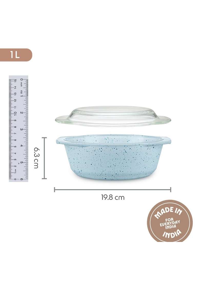 Borosil Blue Round Deep Casserole with Lid | 1 L | 1.1 Qt | Microwave Safe - Indya