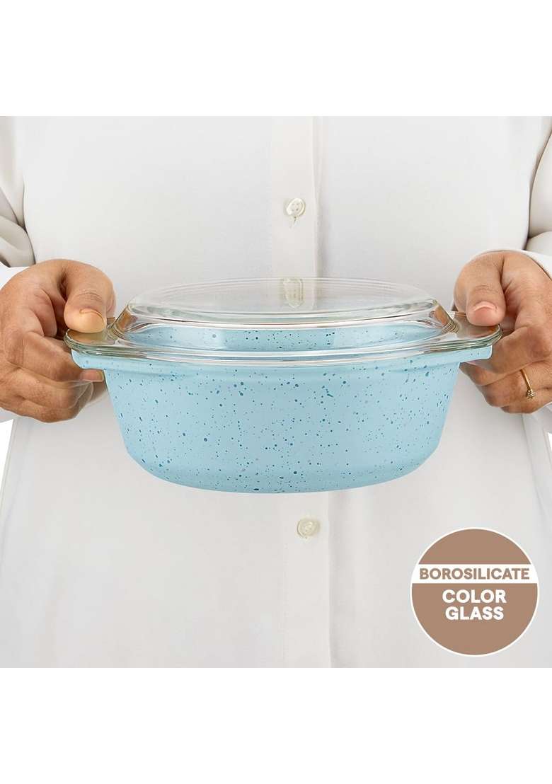 Borosil Blue Round Deep Casserole with Lid | 1 L | 1.1 Qt | Microwave Safe - Indya