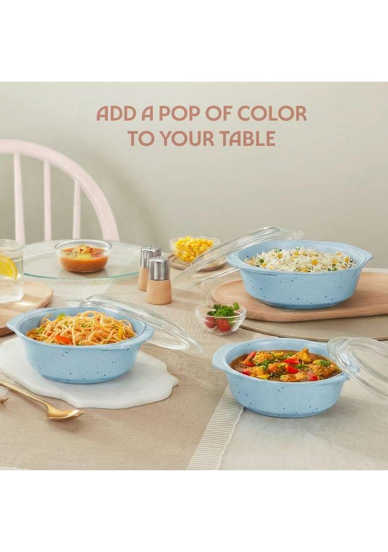 Borosil Blue Round Deep Casserole with Lid | 1 L | 1.1 Qt | Microwave Safe - Indya
