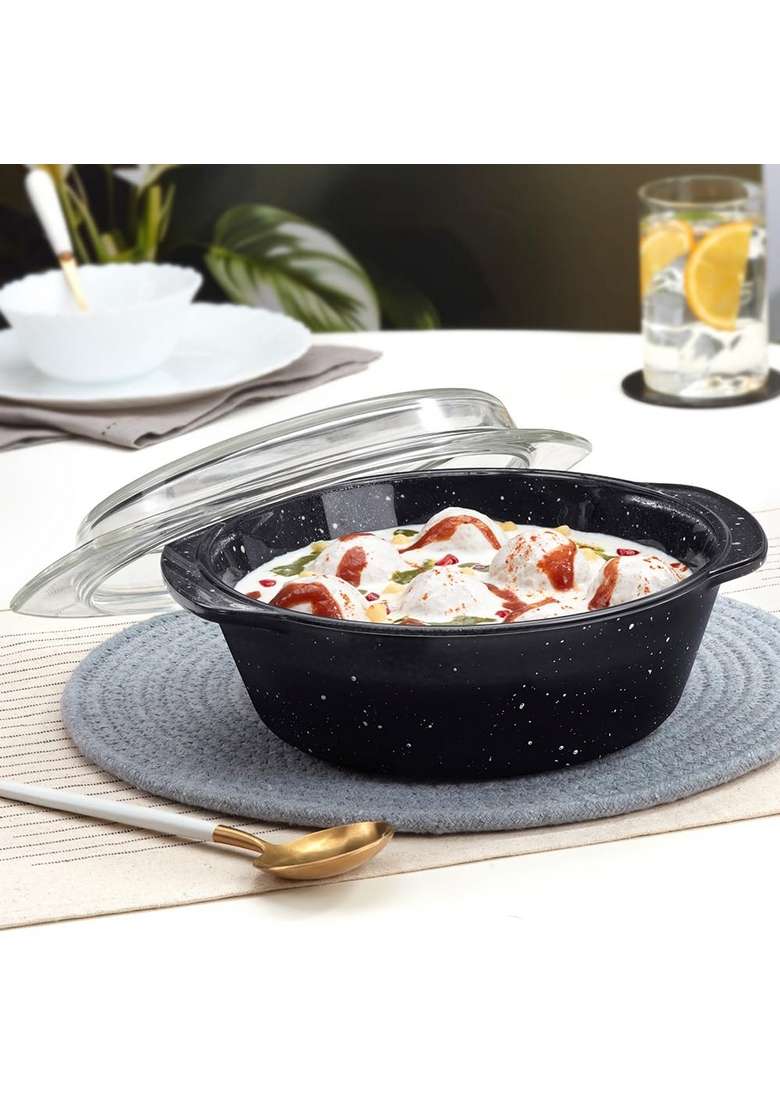 Borosil Pebble Black Round Deep Casserole with Lid | 1.5 L | 1.6 Qt | Microwave Safe - Indya