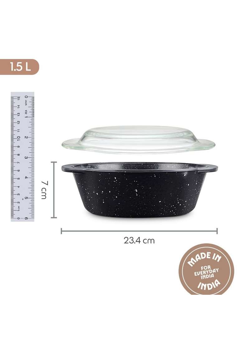 Borosil Pebble Black Round Deep Casserole with Lid | 1.5 L | 1.6 Qt | Microwave Safe - Indya