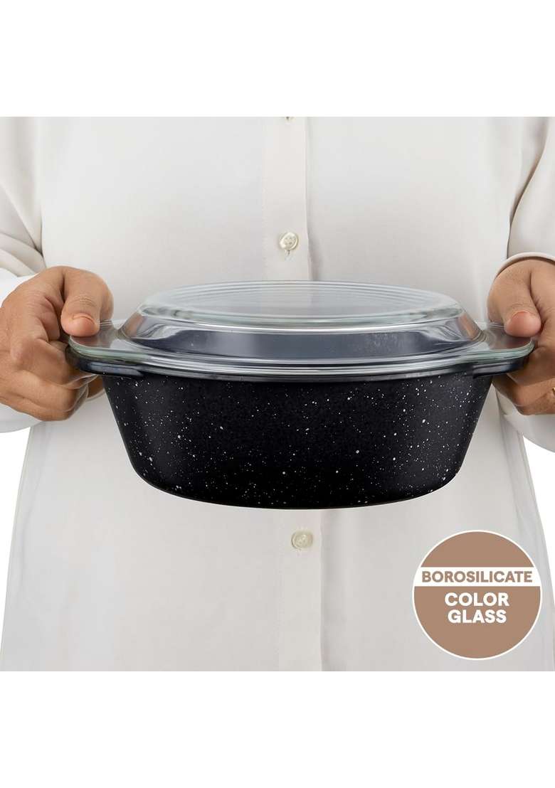 Borosil Pebble Black Round Deep Casserole with Lid | 1.5 L | 1.6 Qt | Microwave Safe - Indya