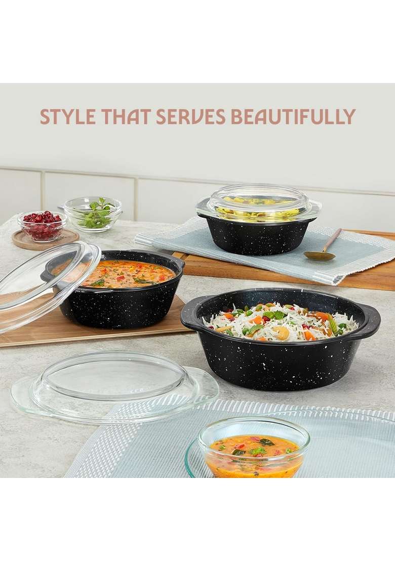 Borosil Pebble Black Round Deep Casserole with Lid | 1.5 L | 1.6 Qt | Microwave Safe - Indya