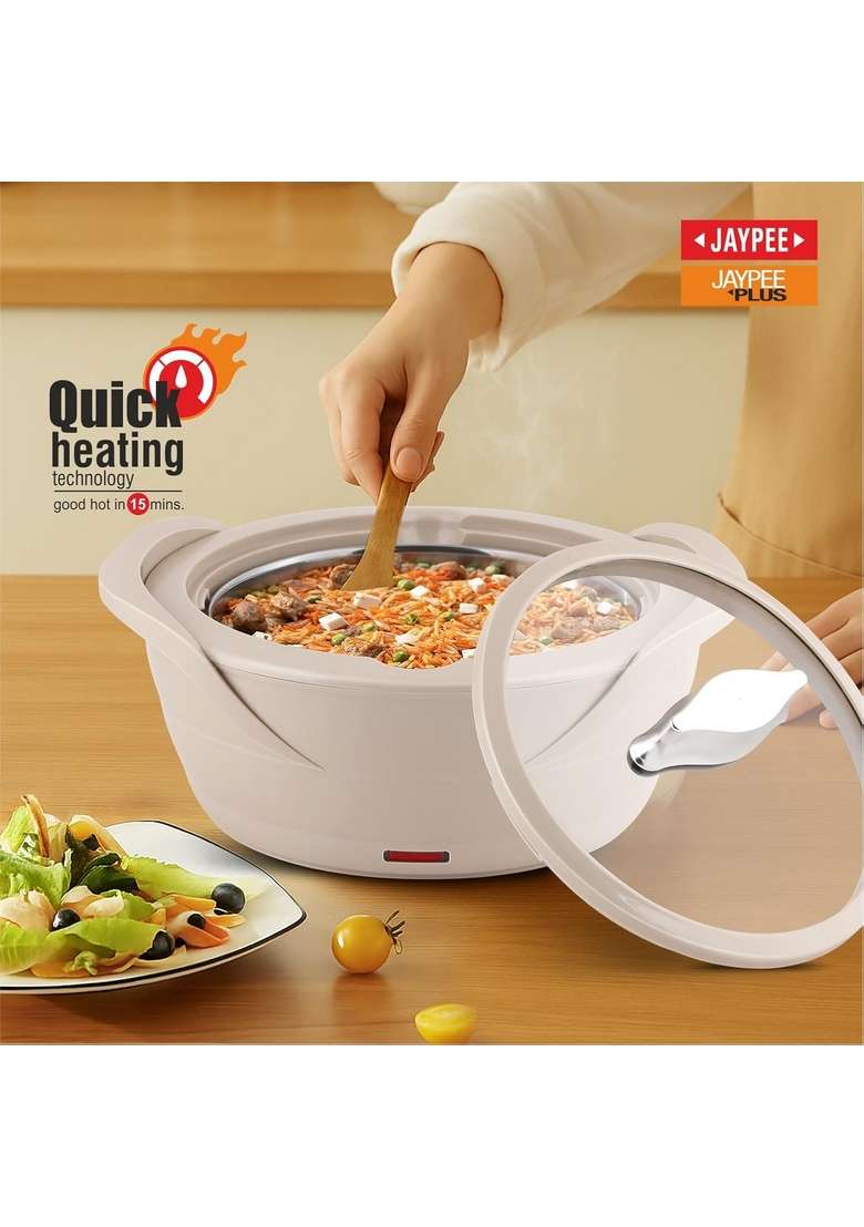 Jaypee Plus Power Serve Inner Stainless Steel Electric Casserole with Glass Lid | 1500 ml | 50.7 fl oz | Food Safe - Indya