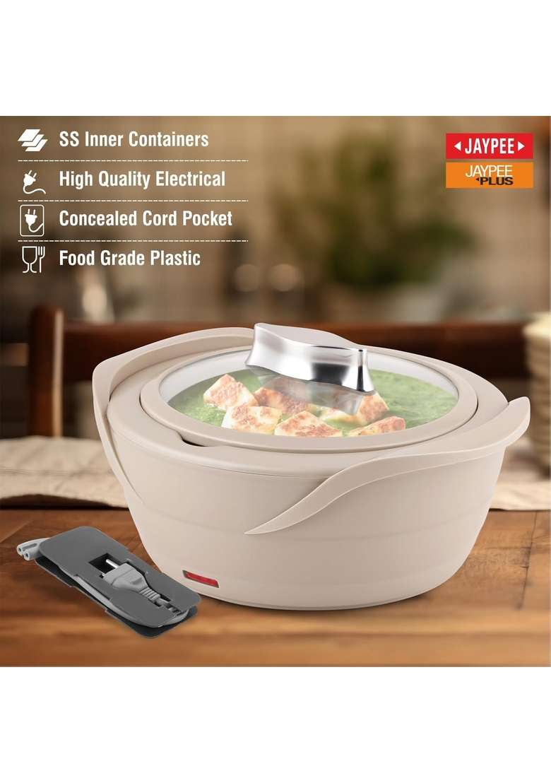 Jaypee Plus Power Serve Inner Stainless Steel Electric Casserole with Glass Lid | 1500 ml | 50.7 fl oz | Food Safe - Indya