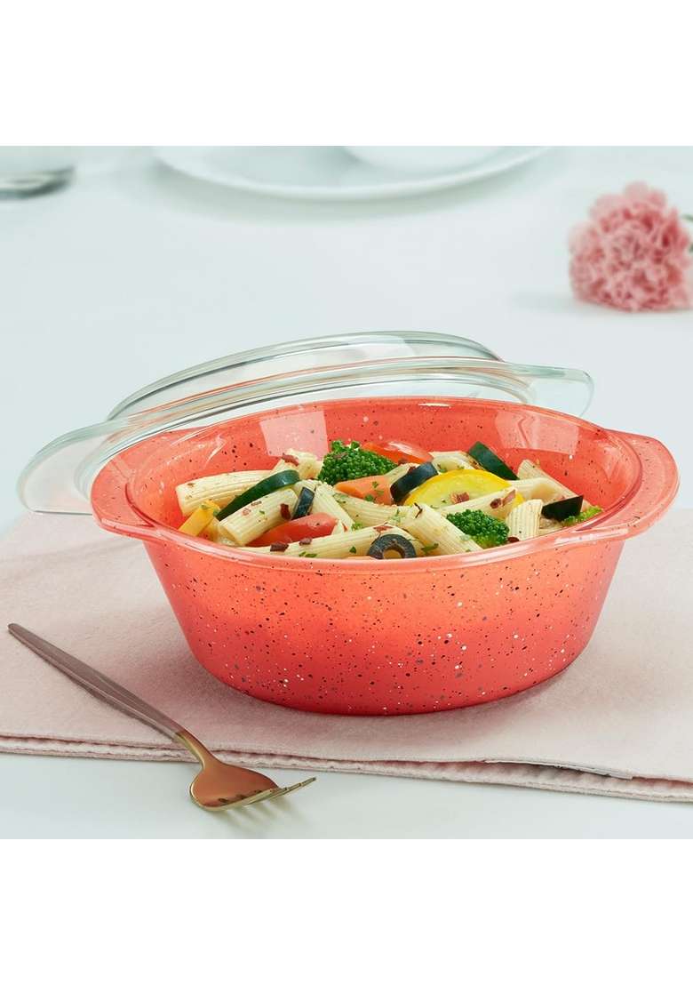 Borosil Kube Pink Round Deep Casserole with Lid | 1 L | 1.1 Qt | Microwave Safe - Indya