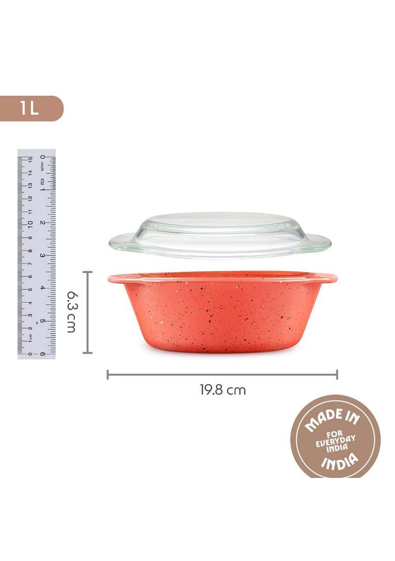 Borosil Kube Pink Round Deep Casserole with Lid | 1 L | 1.1 Qt | Microwave Safe - Indya
