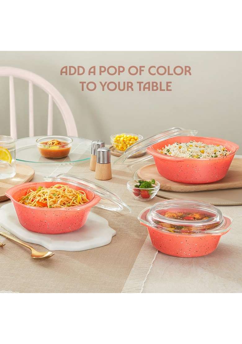 Borosil Kube Pink Round Deep Casserole with Lid | 1 L | 1.1 Qt | Microwave Safe - Indya