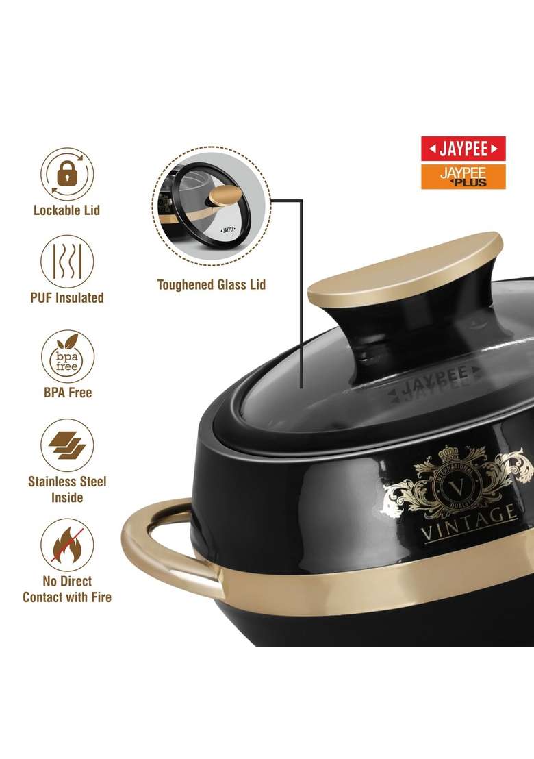 JAYPEE Vintage Inner Stainless Steel Casserole with Lockable Lid | 2000 ml | 67.6 fl oz | 3-Piece Set | BPA Free | Insulated | Food Safe - Indya