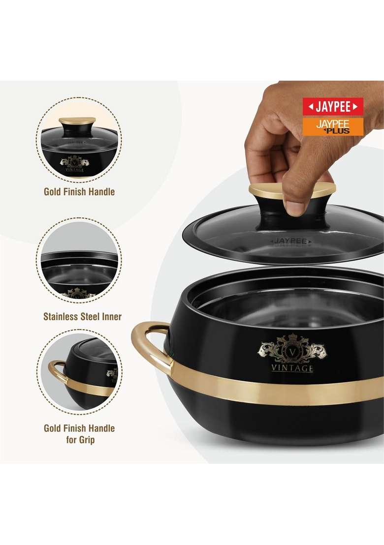 JAYPEE Vintage Inner Stainless Steel Casserole with Lockable Lid | 2000 ml | 67.6 fl oz | 3-Piece Set | BPA Free | Insulated | Food Safe - Indya
