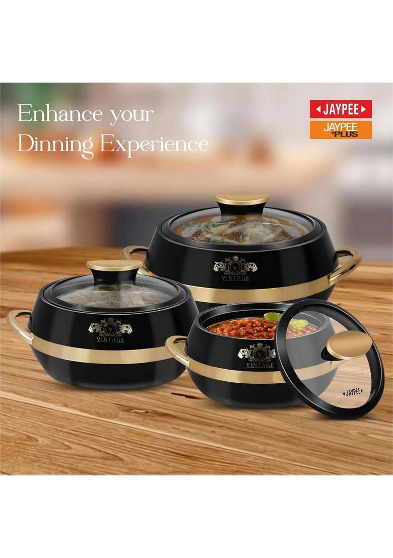 JAYPEE Vintage Inner Stainless Steel Casserole with Lockable Lid | 2000 ml | 67.6 fl oz | 3-Piece Set | BPA Free | Insulated | Food Safe - Indya