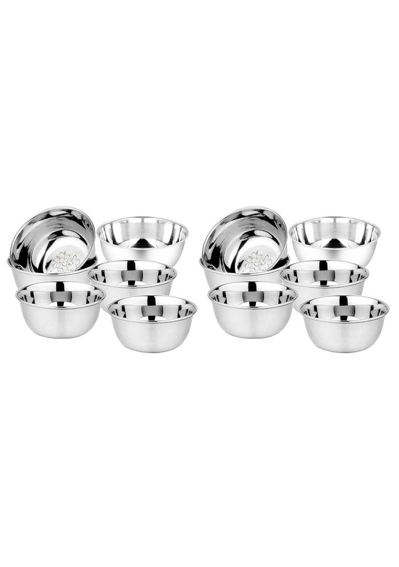 KC Stainless Steel Heavy Gauge Bowl Wati Set with Mirror Finish and Flower Printed | 200 ml | 6.8 fl oz | 10.5 cm | 4.1 Inch | 12-Piece Set - Indya
