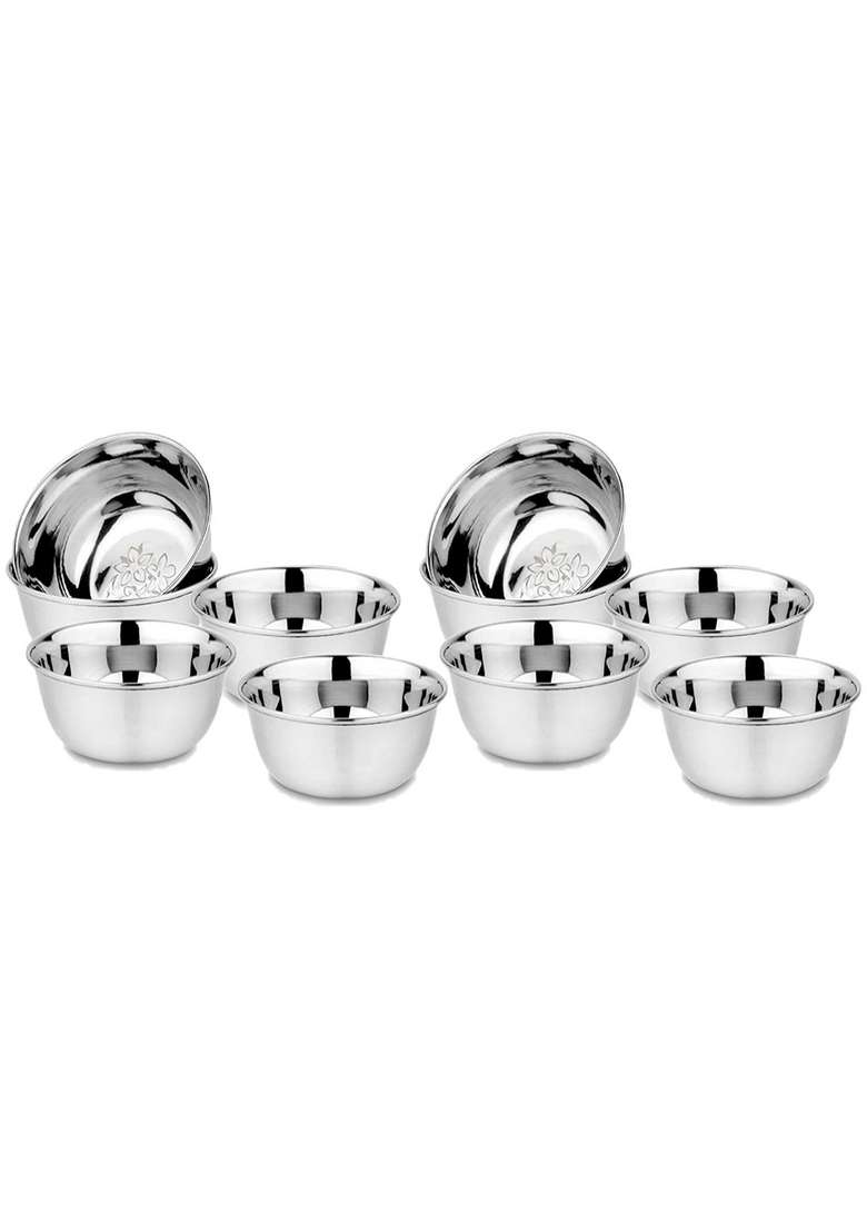 KC Stainless Steel Heavy Gauge Bowl Wati Set with Mirror Finish and Flower Printed | 200 ml | 6.8 fl oz | 10.5 cm | 4.1 Inch | 12-Piece Set - Indya