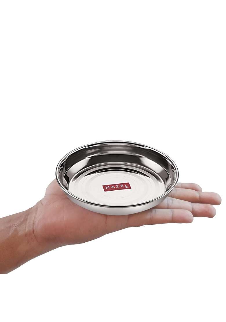 HAZEL Multipurpose Stainless Steel Plates Set for Kitchen | 200 ml | 6.8 fl oz | 12 cm | 4.7 Inch | 6-Piece Set - Indya
