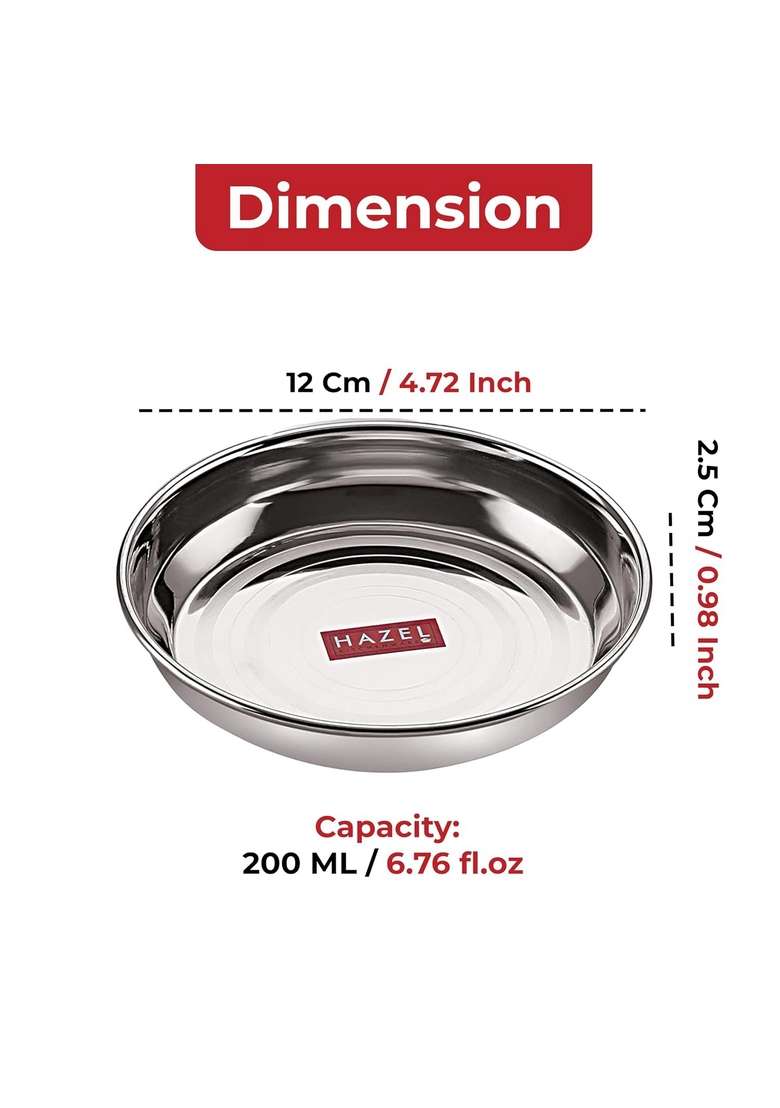 HAZEL Multipurpose Stainless Steel Plates Set for Kitchen | 200 ml | 6.8 fl oz | 12 cm | 4.7 Inch | 6-Piece Set - Indya