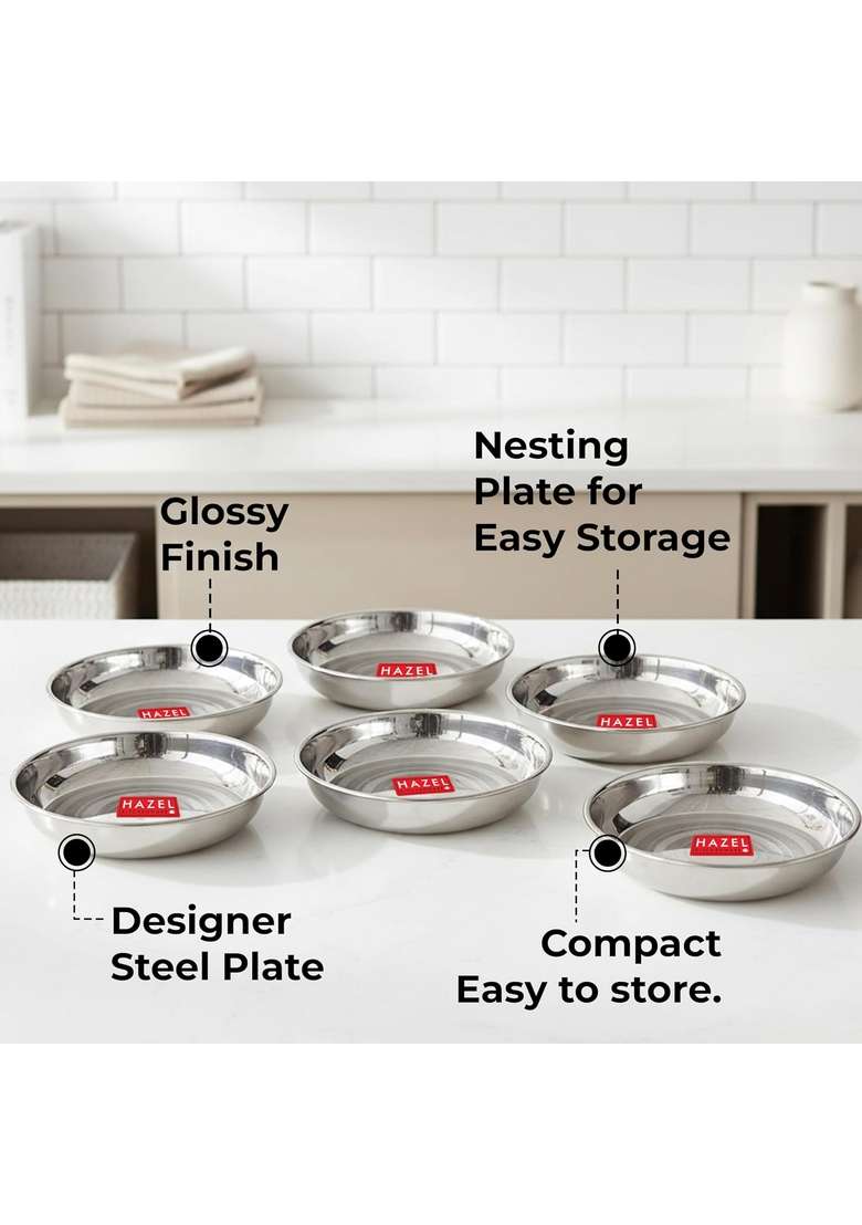 HAZEL Multipurpose Stainless Steel Plates Set for Kitchen | 200 ml | 6.8 fl oz | 12 cm | 4.7 Inch | 6-Piece Set - Indya
