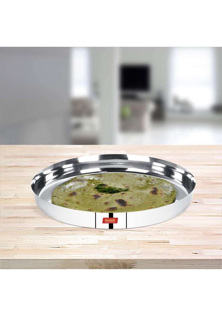 Sumeet 22 Gauge Stainless Steel Traditional Dinner Plate Thali | 2 L | 2.1 Qt | 28.5 cm | 11.2 Inch - Indya