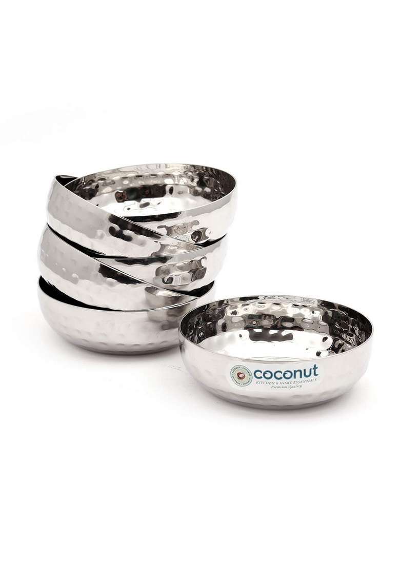coconut Stainless Steel H3 Hammered Halwa Plate Serving Plates Snacks Plate | 10 cm | 3.9 Inch | Pack of 6 - Indya