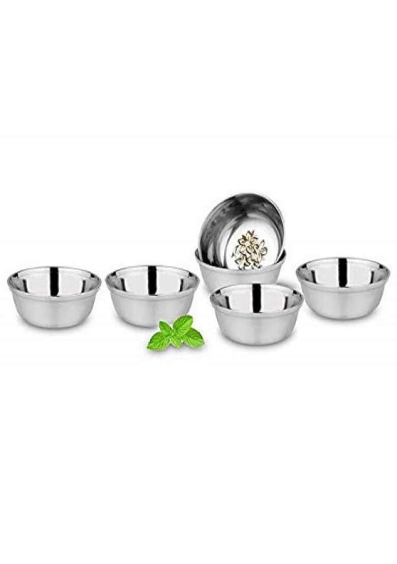 KC Stainless Steel Heavy Gauge Bowl Wati Set with Mirror Finish and Flower Printed | 200 ml | 6.8 fl oz | 10.5 cm | 4.1 Inch | 6-Piece Set - Indya