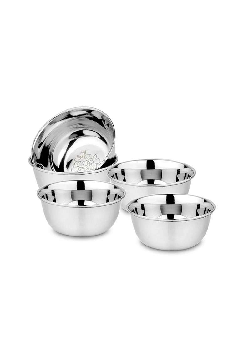 KC Stainless Steel Heavy Gauge Bowl Wati Set with Mirror Finish and Flower Printed | 200 ml | 6.8 fl oz | 10.5 cm | 4.1 Inch | 6-Piece Set - Indya