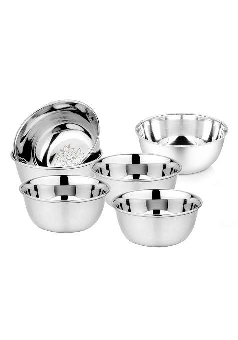 KC Stainless Steel Heavy Gauge Bowl Wati Set with Mirror Finish and Flower Printed | 200 ml | 6.8 fl oz | 10.5 cm | 4.1 Inch | 6-Piece Set