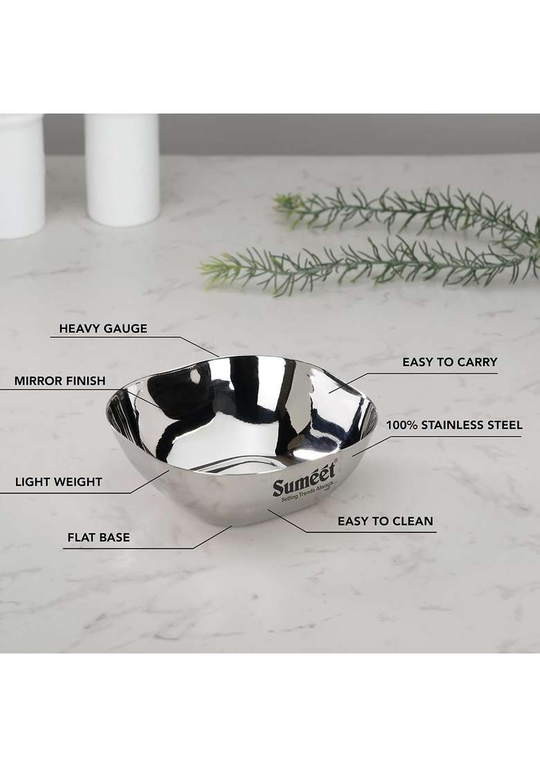 Sumeet Heavy Gauge Stainless Steel Apple Square Bowl Wati Katori with Mirror Finish | 200 ml | 6.8 fl oz | 9.5 cm | 3.7 Inch | Pack of 6 - Indya