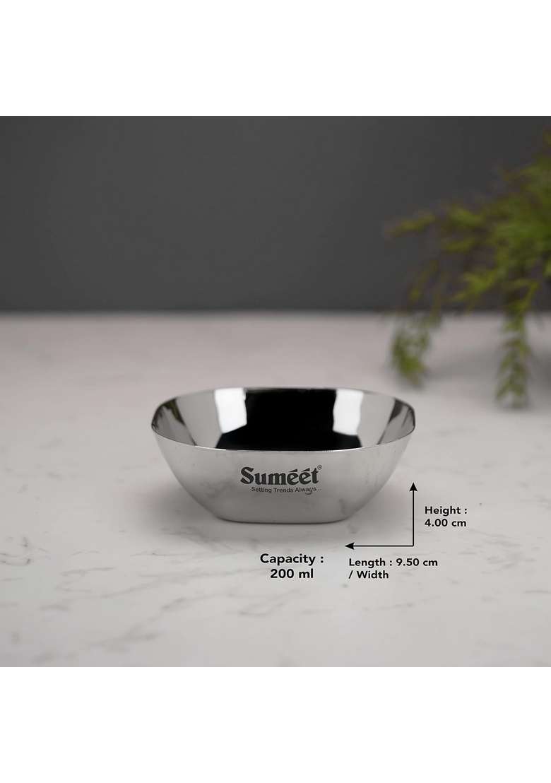 Sumeet Heavy Gauge Stainless Steel Apple Square Bowl Wati Katori with Mirror Finish | 200 ml | 6.8 fl oz | 9.5 cm | 3.7 Inch | Pack of 6 - Indya