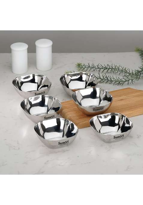 Sumeet Heavy Gauge Stainless Steel Apple Square Bowl Wati Katori with Mirror Finish | 200 ml | 6.8 fl oz | 9.5 cm | 3.7 Inch | Pack of 6