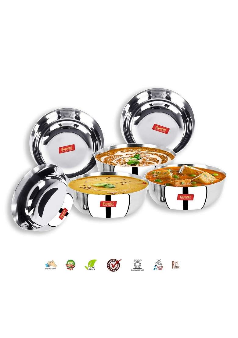 Sumeet Stainless Steel Solid Bowl Set | 350 ml | 11.8 fl oz | Pack of 6 | Dishwasher Safe - Indya