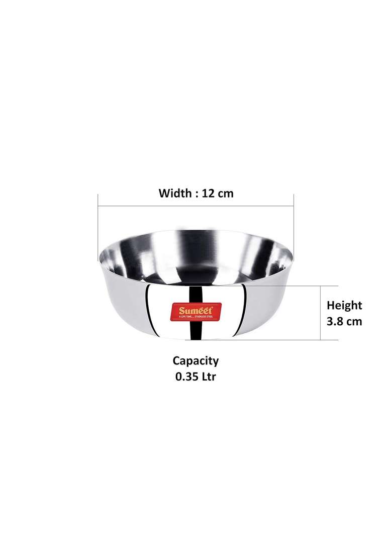 Sumeet Stainless Steel Solid Bowl Set | 350 ml | 11.8 fl oz | Pack of 6 | Dishwasher Safe - Indya