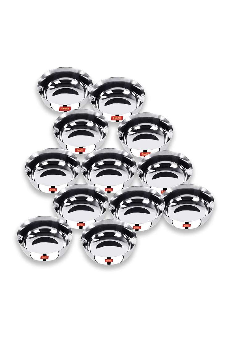 Sumeet Stainless Steel Heavy Gauge Solid Bowl Wati Set with Mirror Finish | 300 ml | 10.1 fl oz | 10.3 cm | 4.1 Inch | 12-Piece Set - Indya
