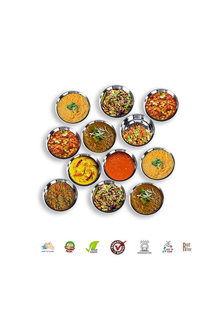 Sumeet Stainless Steel Heavy Gauge Solid Bowl Wati Set with Mirror Finish | 300 ml | 10.1 fl oz | 10.3 cm | 4.1 Inch | 12-Piece Set - Indya
