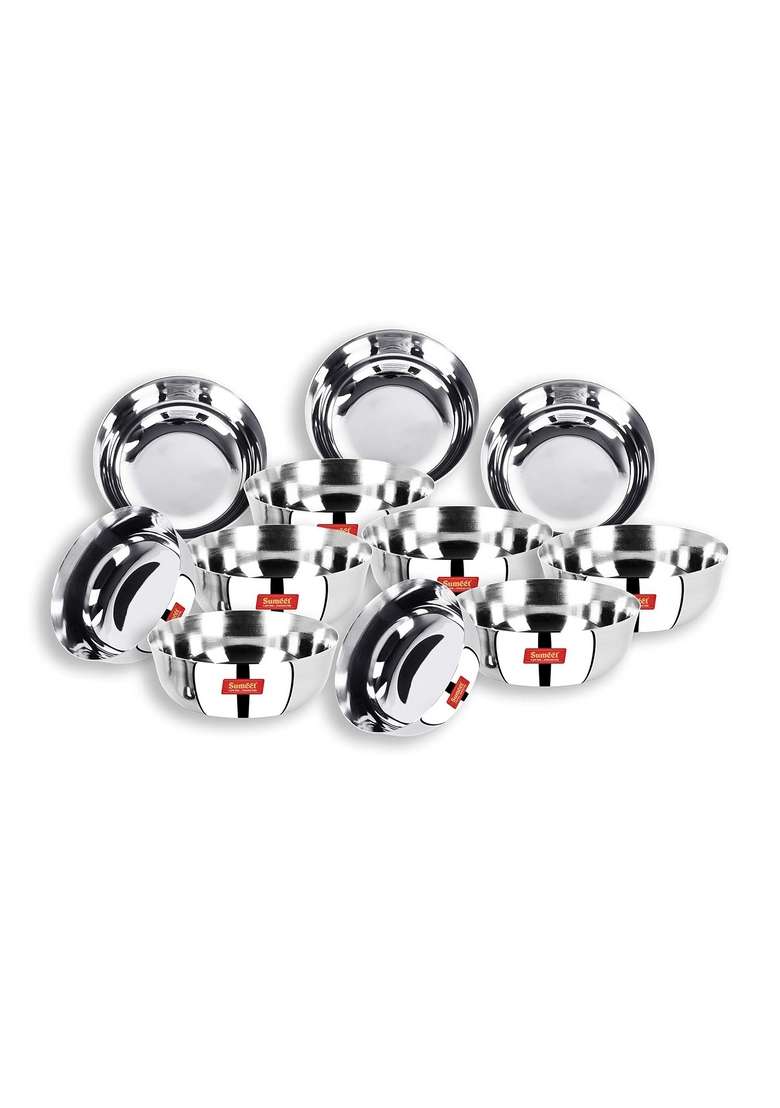 Sumeet Stainless Steel Heavy Gauge Solid Bowl Wati Set with Mirror Finish | 300 ml | 10.1 fl oz | 10.3 cm | 4.1 Inch | 12-Piece Set - Indya