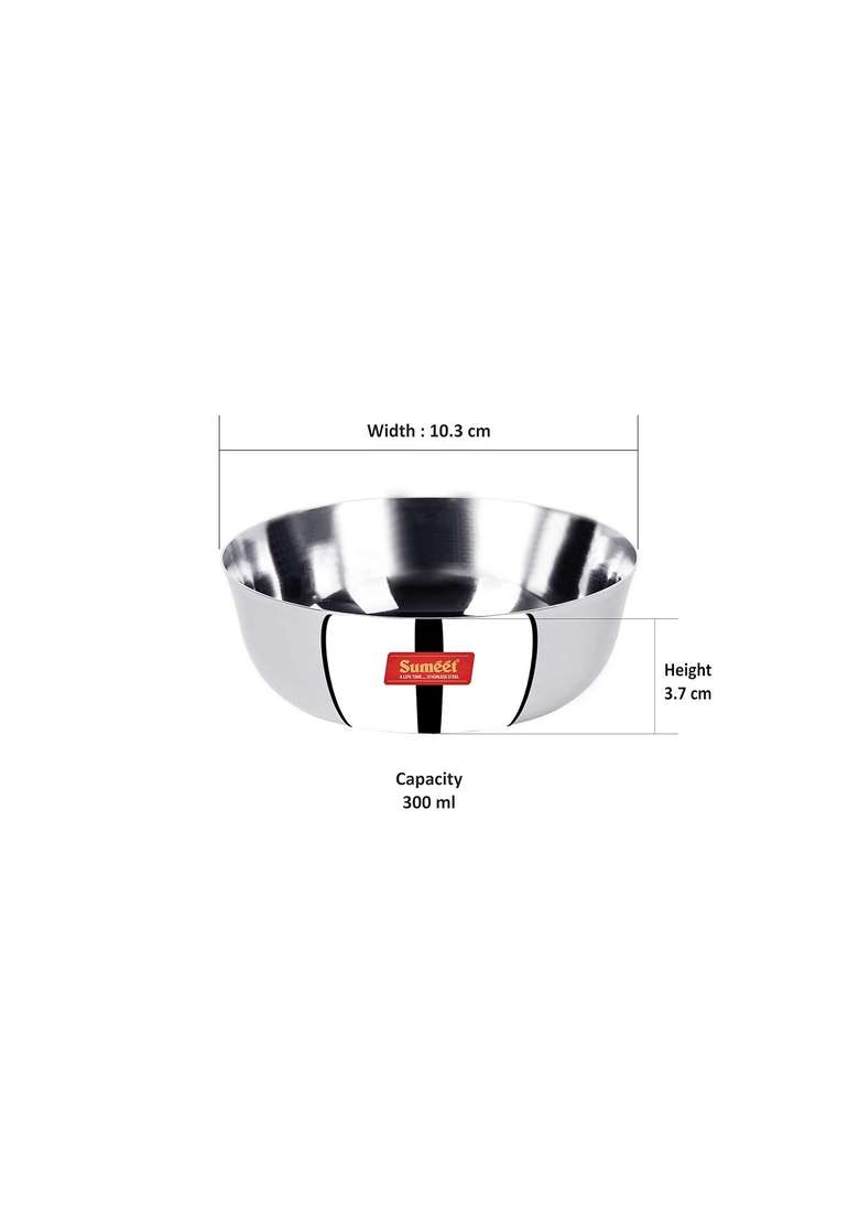 Sumeet Stainless Steel Heavy Gauge Solid Bowl Wati Set with Mirror Finish | 300 ml | 10.1 fl oz | 10.3 cm | 4.1 Inch | 12-Piece Set - Indya