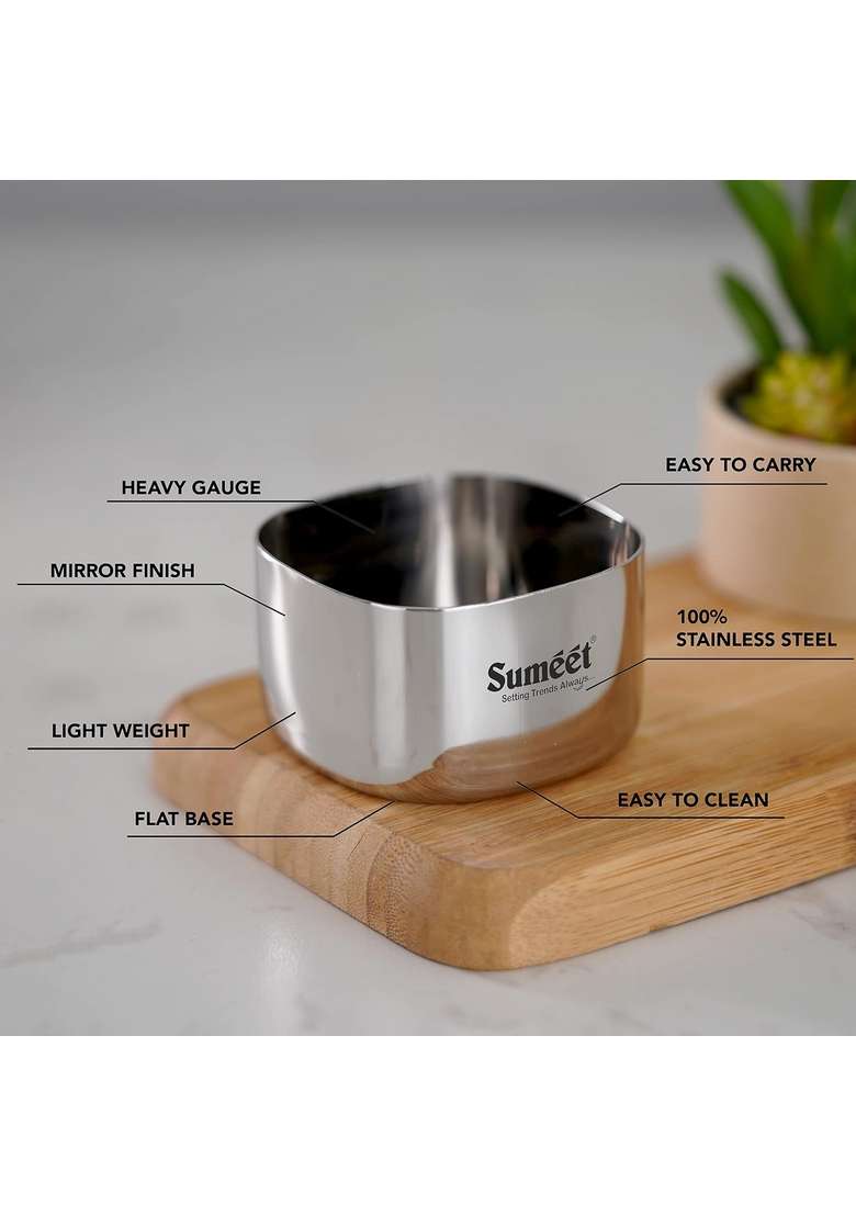 Sumeet Heavy Gauge Stainless Steel Square Bowl Wati Katori with Mirror Finish | 200 ml | 6.8 fl oz | 7 cm | 2.8 Inch | Pack of 6 - Indya