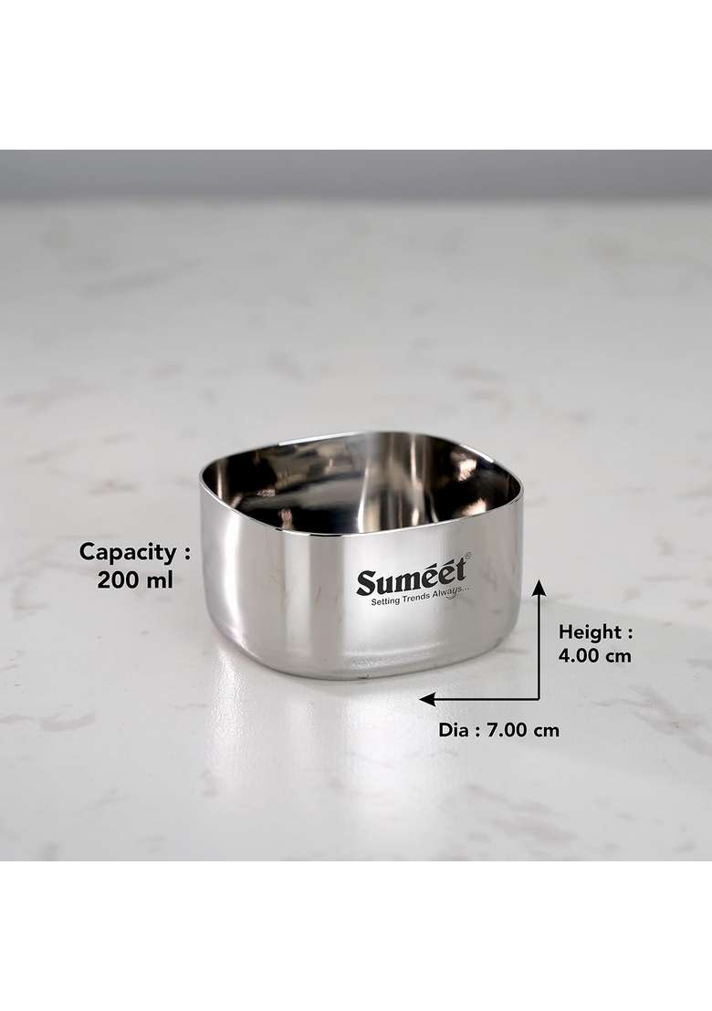 Sumeet Heavy Gauge Stainless Steel Square Bowl Wati Katori with Mirror Finish | 200 ml | 6.8 fl oz | 7 cm | 2.8 Inch | Pack of 6 - Indya