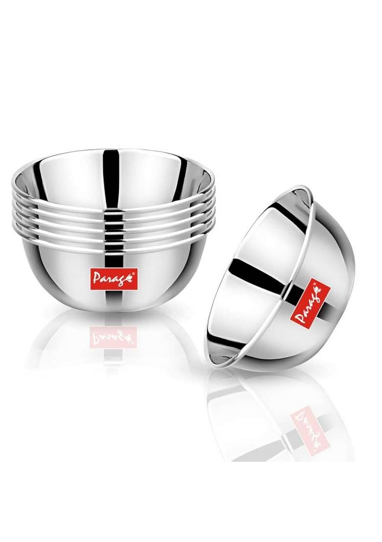 Parage Stainless Steel Big Size Bowl Wati Katori Heavy Gauge with Mirror Finish | 220 ml | 7.4 fl oz | 10.2 cm | 4 Inch | 6-Piece Set - Indya
