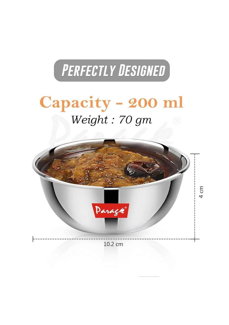 Parage Stainless Steel Big Size Bowl Wati Katori Heavy Gauge with Mirror Finish | 220 ml | 7.4 fl oz | 10.2 cm | 4 Inch | 6-Piece Set - Indya