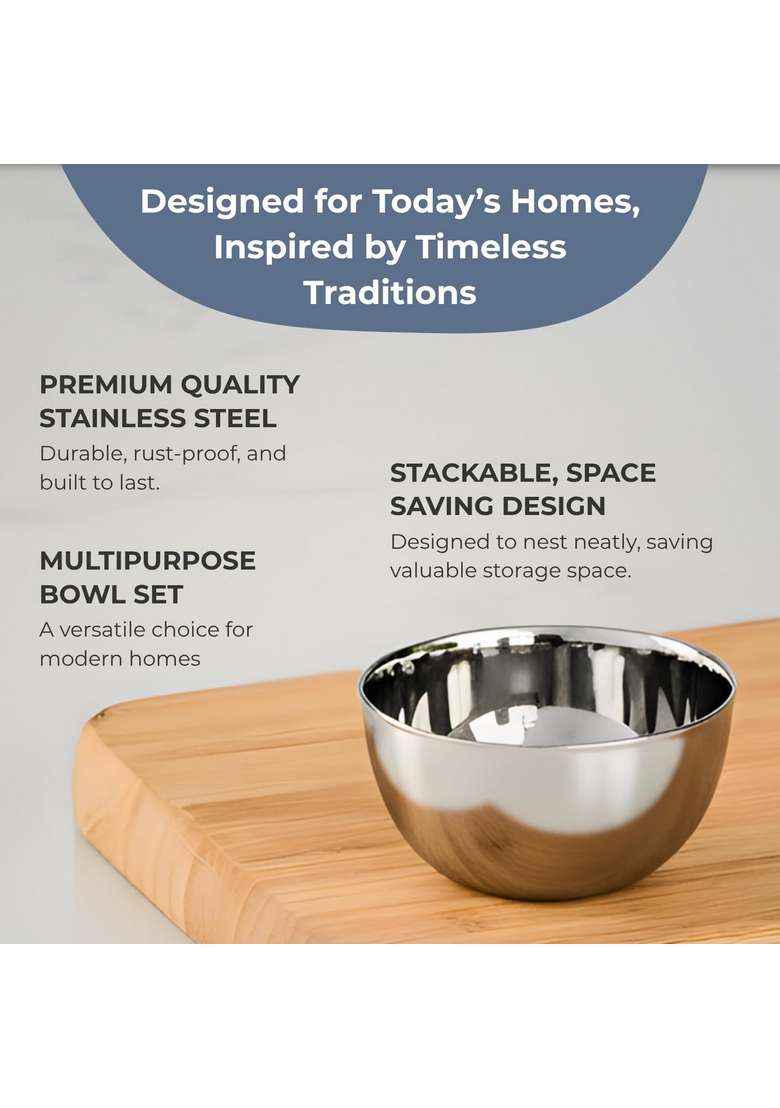 Kraft- follow your imagination Kraft Premium Stainless Steel Bowl Set | 250 ml | 8.5 fl oz | 6-Piece Set | BPA Free | Food Safe | Rust Resistant - Indya
