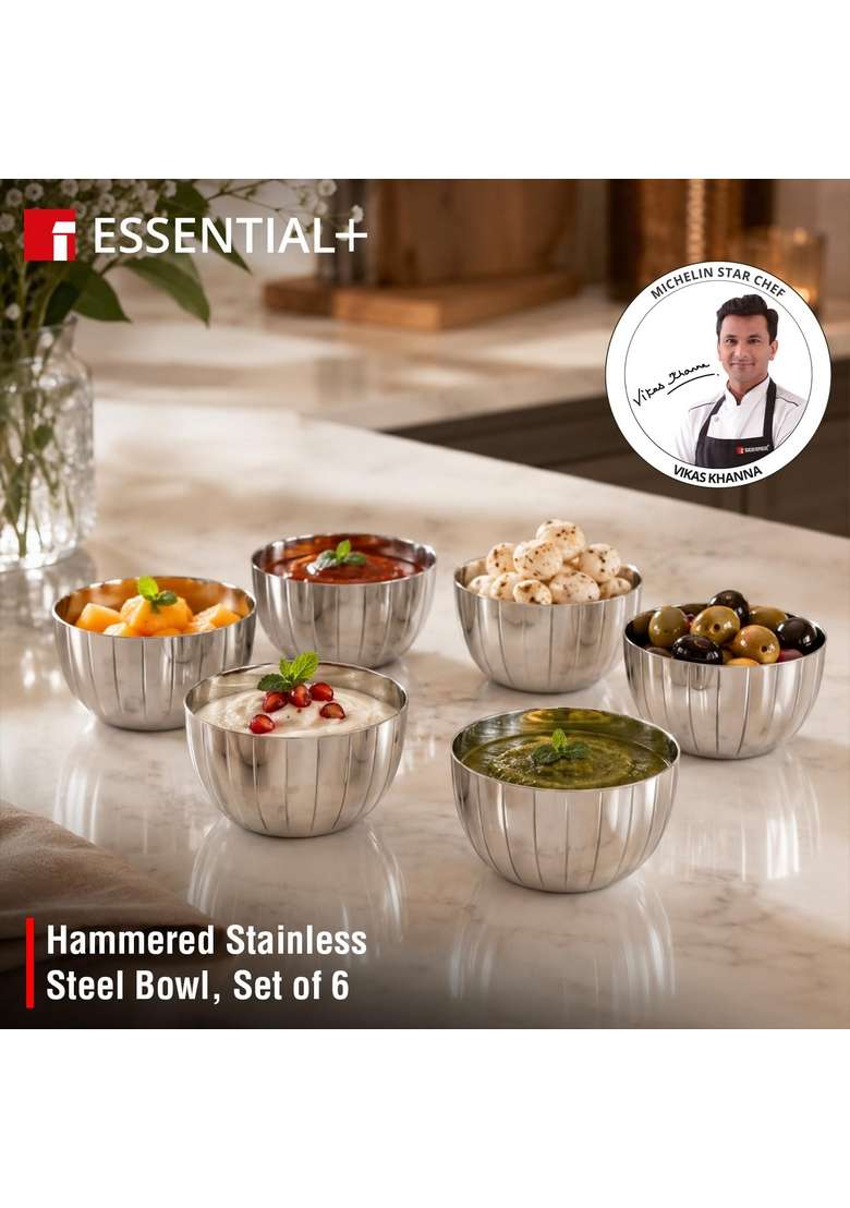 Bergner Essential Plus Signature 304 Stainless Steel Hammered Design Bowl Set | 200 ml | 6.8 fl oz | Pack of 6 | BPA Free - Indya