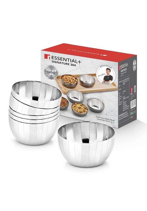 Bergner Essential Plus Signature 304 Stainless Steel Hammered Design Bowl Set | 200 ml | 6.8 fl oz | Pack of 6 | BPA Free